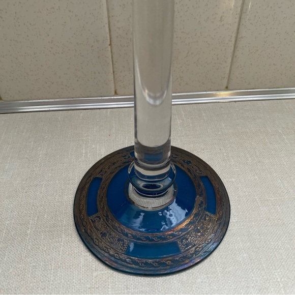 Vintage Blue & Clear Glass Candlestick Bronze Color Etching  display picture 1